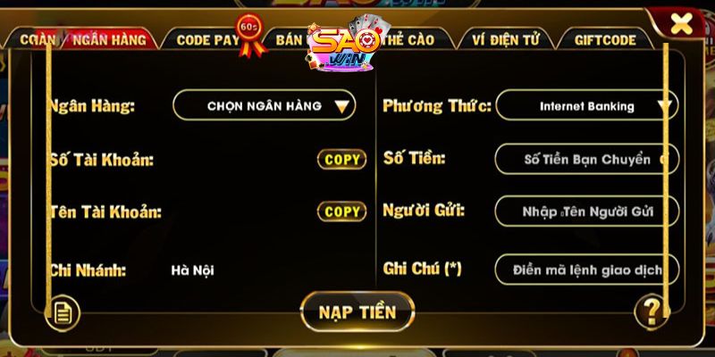 Nạp tiền Saowin qua ngân hàng
